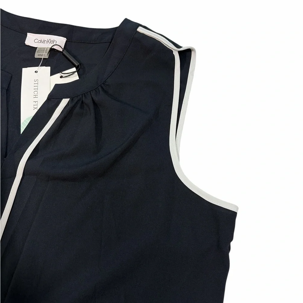 CALVIN KLEIN Suit Women Navy White V Neck Sleeveless Top Blouse Size M Busines - Picture 2 of 8